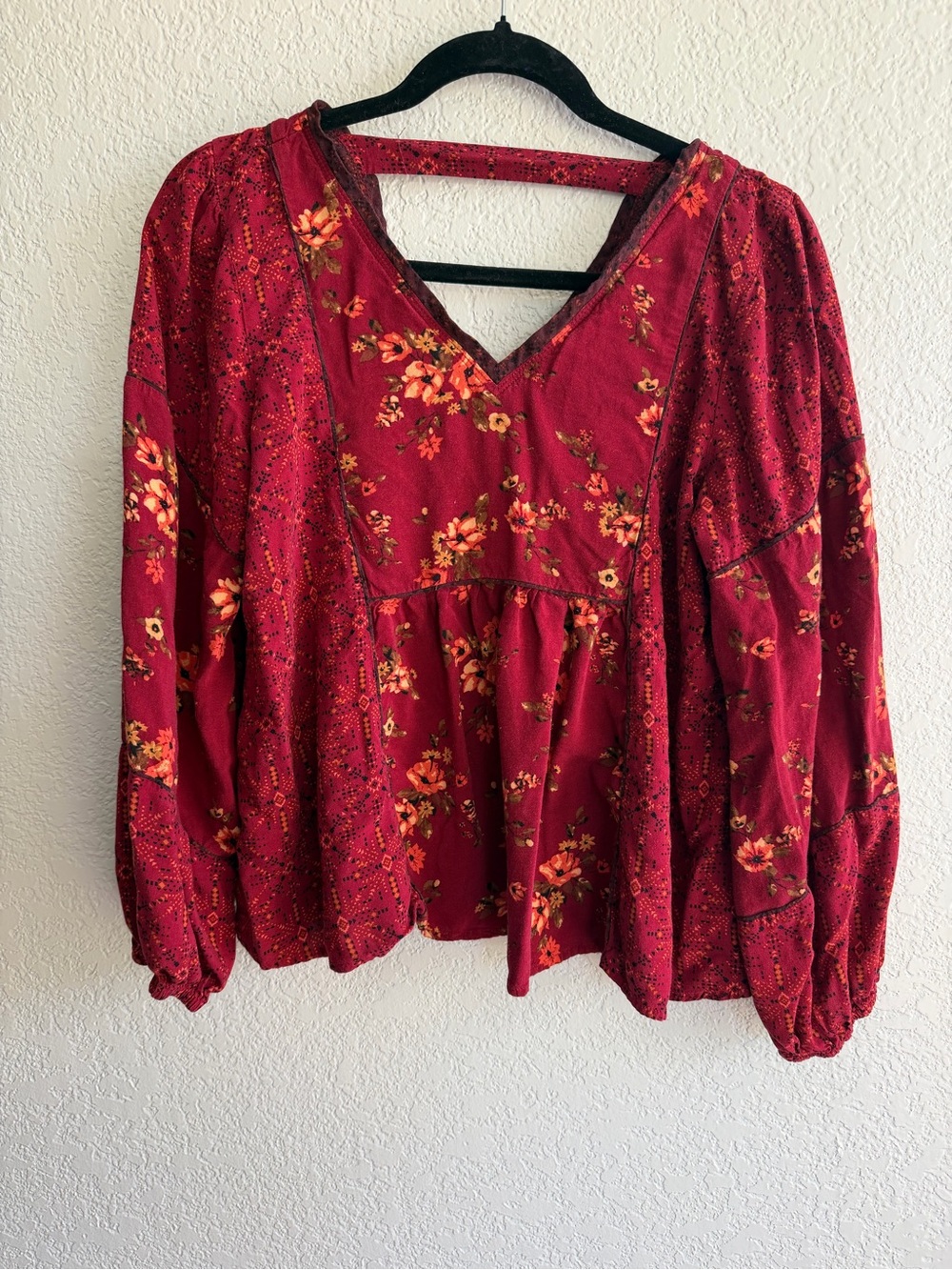 Maurices Burgundy Floral V-Neck Peasant Blouse